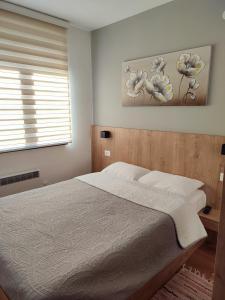 a bedroom with a bed and two paintings on the wall at Titova vila apartman Vardar 17 in Palisat +17 photos