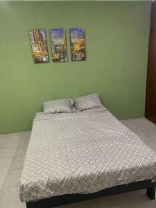 een bed in een slaapkamer met drie foto's aan de muur bij Residencia con gran espacio, cómoda y fresca. in Mérida
