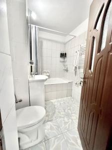 a bathroom with a toilet and a sink and a tub at Valcea Northside Spacious Apartment in Râmnicu Vâlcea