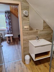 a bathroom with a sink and a shower at Borowy Zakątek in Stara Kiszewa