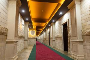 甘贾Dashli Gala Hotel Ganja的铺有红绿地毯的建筑物走廊