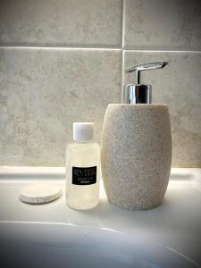 a bottle of soap and a soap dispenser on a sink at Reversal apartment in Santa Marinella