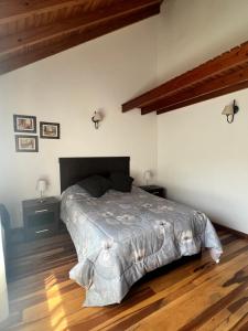 una camera con un letto in una stanza con pavimenti in legno di Departamentos Turismo de un dormitorio y dos dormitorios a San Martín de los Andes