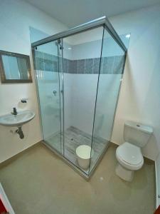 een badkamer met een douche, een toilet en een wastafel bij HOSPEDAJE BOGOTA CENTRO in Bogota