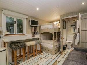 Woodmans Huts في Haverthwaite: غرفة صغيرة مع سرير بطابقين وحمام