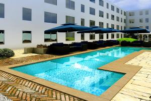 - une piscine en face d'un bâtiment avec des parasols dans l'établissement Sheraton Los Angeles San Gabriel, à San Gabriel
