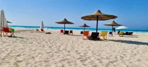 a beach with chairs and umbrellas and the ocean at الساحل الشمالي in Dawwār Şaqr