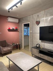 een woonkamer met een flatscreen-tv aan de muur bij שבטי ישראל - דירת בוטיק in Haifa