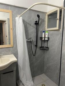 een douche met een douchegordijn in de badkamer bij שבטי ישראל - דירת בוטיק in Haifa