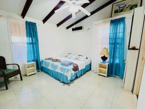 1 dormitorio con 1 cama y cortinas azules en Sea Nest en Christ Church
