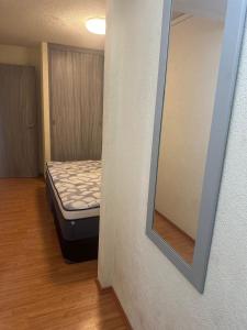 ein Schlafzimmer mit einem Bett in einem Zimmer mit einem Spiegel in der Unterkunft Casa Vazquez Colinas Plata in Cadena