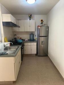 eine Küche mit einem Kühlschrank aus Edelstahl und weißen Schränken in der Unterkunft Casa Vazquez Colinas Plata in Cadena