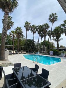 a pool with palm trees and a table and chairs at Prodigy Hotel, a Days Inn by Wyndham in Davis