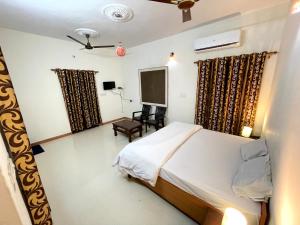a bedroom with a bed and a tv and a chair at Poonam Palace jodhpur in Jodhpur