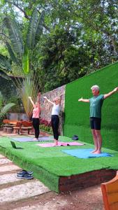 a group of people standing in a yoga pose on the grass at Tran Chau Garden Home in Cat Ba