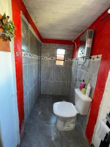 a small bathroom with a toilet and red walls at Alojamiento Tres Lunas Triple in Chuy