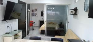 a room with a bedroom with a bed and a television at Un departamento a tu gusto in Valladolid