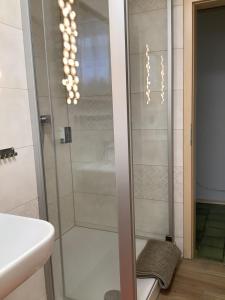 La salle de bains est pourvue d'une douche avec une porte en verre. dans l'établissement Land und Leute - Landleben Fewo 1, à Fritzlar