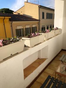 una fila de pizarras de flores en un balcón en La casina azzurra, en Pisa