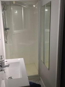 a bathroom with a white sink and a shower at Tranquil Garden Studio in Tauranga