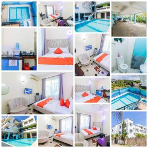 un collage de fotos de una habitación de hotel con piscina en Greer Homes Sun Sweet, en Shanzu