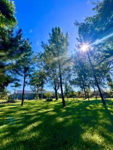 Summerfields & Gardens Lodge في Kitwe: حديقة فيها اشجار والشمس في السماء