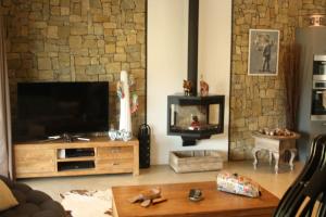uma sala de estar com televisão e uma parede de pedra em Magnifique Villa à 10 mn des Plages avec Piscine pour 6 Personnes em Le Beausset