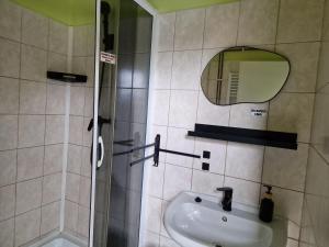 a bathroom with a shower and a sink and a mirror at Penzion a Motobar Bravantice in Bravantice
