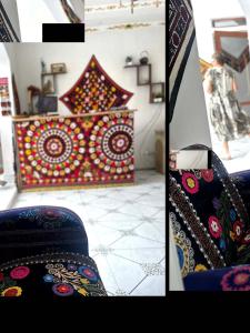 a collage of two pictures of a room with a couch at Art Suzani National House Hotel in Bukhara