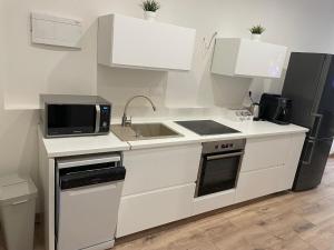 eine weiße Küche mit einer Spüle und einer Mikrowelle in der Unterkunft City Apartment - Michalovce in Michalovce