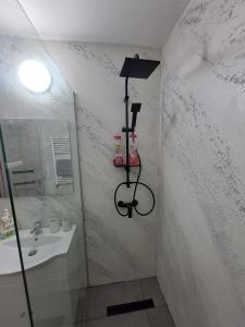 a bathroom with a sink and a shower with a shelf at ILONA APARTAMENT 3 camere in Râmnicu Vâlcea