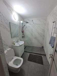 a white bathroom with a toilet and a sink at ILONA APARTAMENT 3 camere in Râmnicu Vâlcea