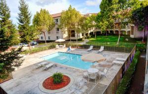 an overhead view of a pool with chairs and an umbrella at Inn at Rohnert Park in Rohnert Park