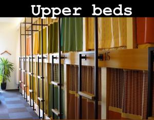 a row of book shelves in a library with the words upper beds at Guesthouse COCO Hiroshima (Female Only) in Hiroshima