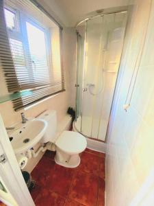 ein Bad mit einer Dusche, einem WC und einem Waschbecken in der Unterkunft Gravesend 1 bedroom Apartment in Kent