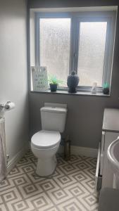 a bathroom with a white toilet and a window at Beautiful Views Welsh Valley home in Mountain Ash