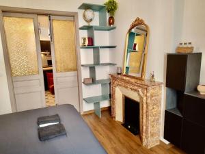 uma sala de estar com lareira e espelho em L'Ambre - Appartement Raffiné em Perpignan