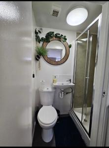 a bathroom with a toilet and a sink and a mirror at Studio in Stevenage