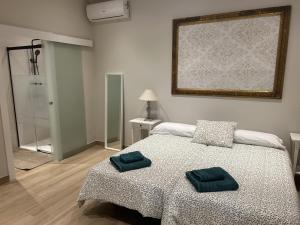 a bedroom with a bed with two pillows on it at La Casa del Tejado Verde Toledo in Toledo