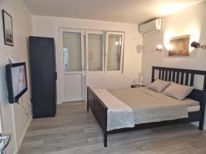 a bedroom with a bed and a flat screen tv at Apartment F.R.I.E.N.D.S in Paraćin