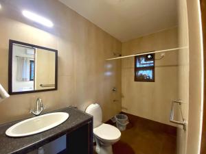 een badkamer met een wastafel, een toilet en een spiegel bij Quintara Serviced Apartments in North Goa in Porvorim
