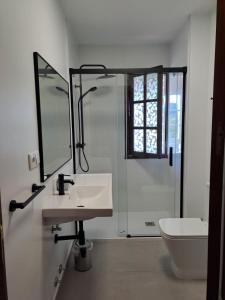 y baño con lavabo, ducha y aseo. en Hostal Boavista, en Costoia