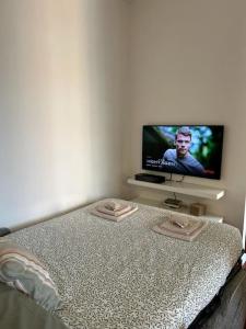 a bedroom with a bed and a flat screen tv at The Green House [Free Private Parking] in Milan