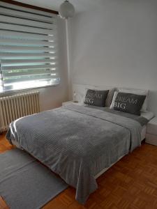 a bedroom with a bed with two pillows and a window at Stan Breka in Sarajevo