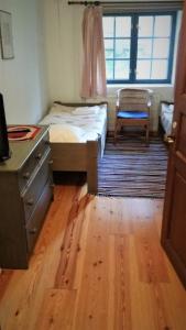 1 dormitorio con cama, escritorio y silla en Wiikki Majatalo en Viitasaari