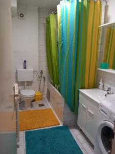 a bathroom with a toilet and a green shower curtain at Stan Breka in Sarajevo