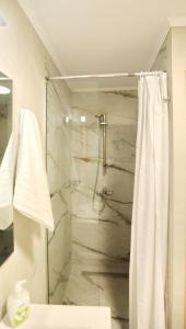 a bathroom with a shower with a glass door at Kallichoron 3 in Kavála