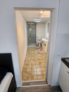 a hallway of a bathroom with a toilet and a sink at Ferienwohnung Marquard's in Immendingen