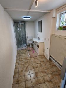 a bathroom with a toilet and a sink at Ferienwohnung Marquard's in Immendingen