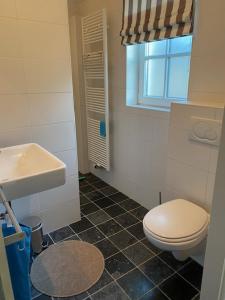 La salle de bains est pourvue de toilettes blanches et d'un lavabo. dans l'établissement Vakantiehuis NamaStee, à Schoonloo